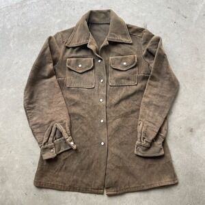 Vintage 50s French Brown Moleskin Pearl Snap Workwear Shirt Jacket Gripper Snap